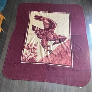 Vintage San Marcos Reversible Blanket Eagle Maroon/Beige Mexico Made 96x79